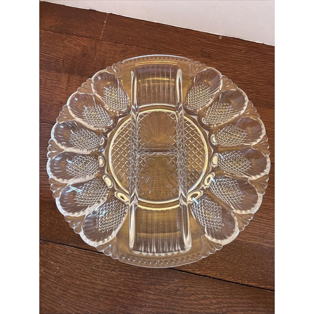 Vtg L.E. Smith Clear Glass Deviled Egg Plate Platter Relish Tray Diamond Point